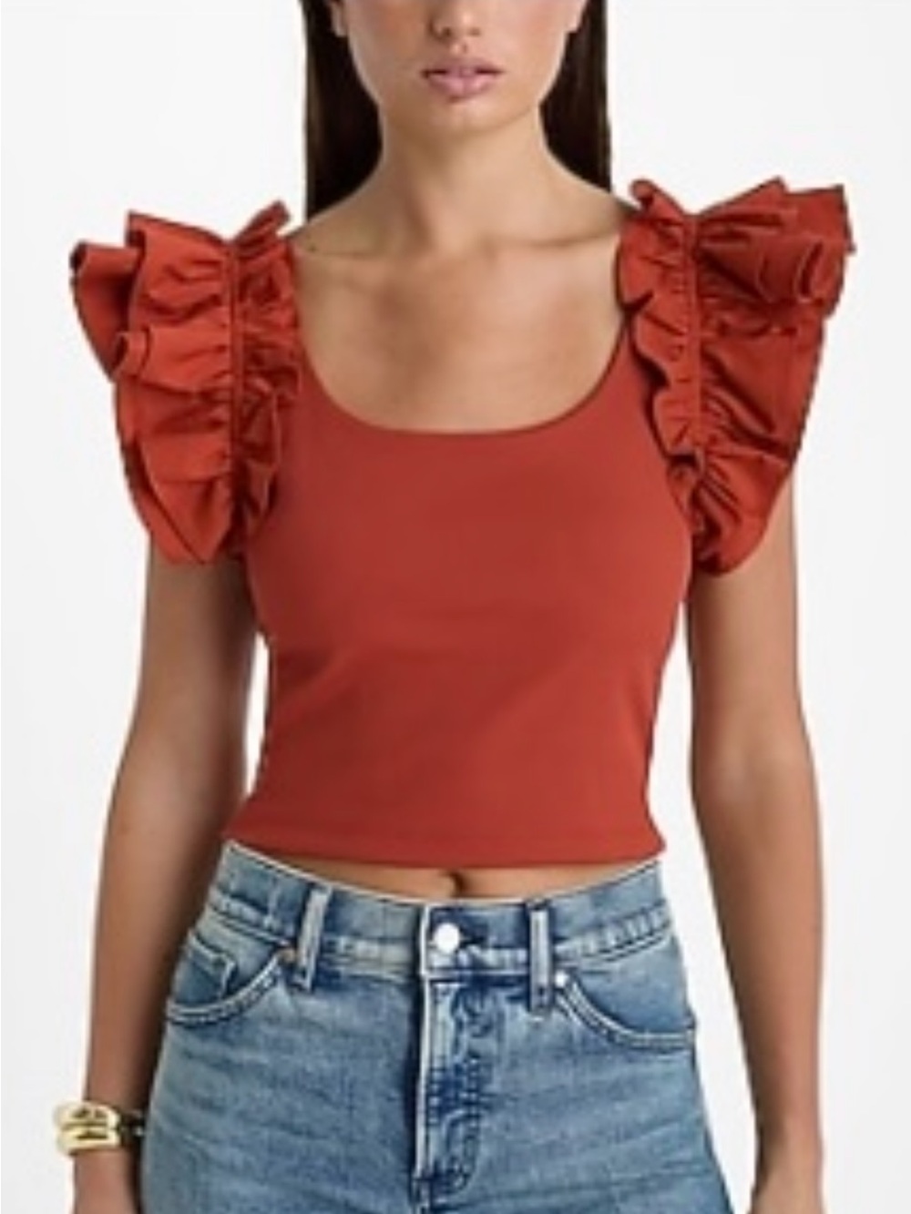 NWOT Express Body Contour High Compression Ribbed Ruffle Sleeve Crop Tee